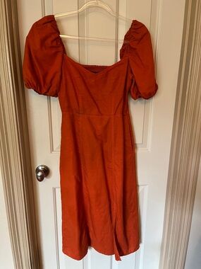 Rust Orange Puff Sleeve Midi Dress